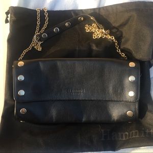 Hammitt black leather crossbody with gold chain.